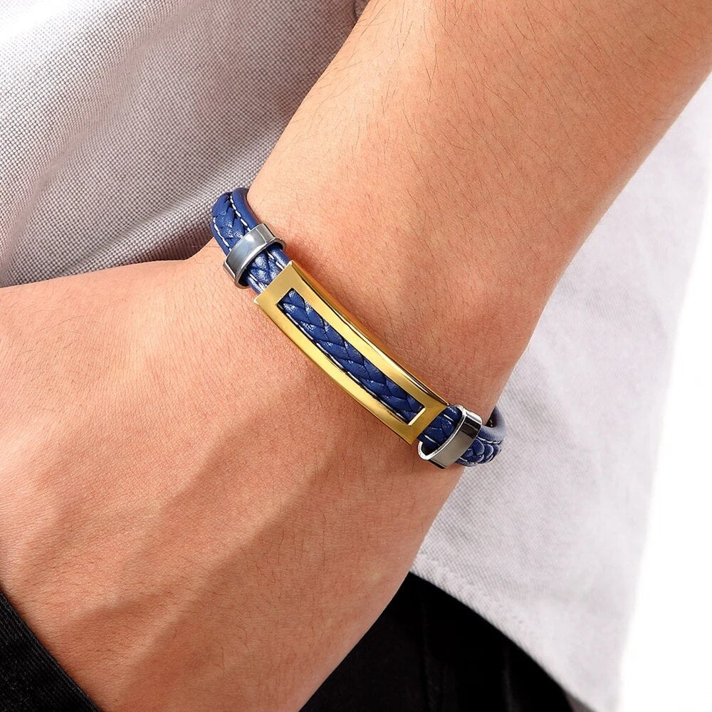 RECTANGULAR STEEL LEATHER BRACELET