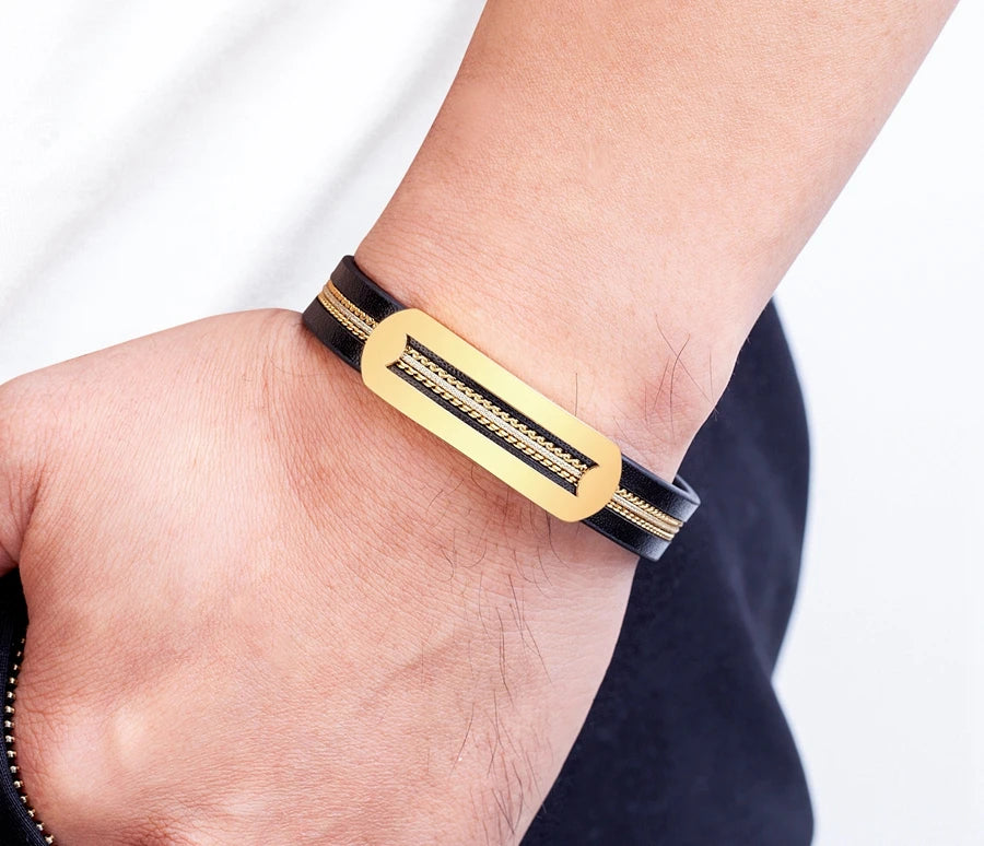 TWO-TIER RECTANGULAR DESIGN LEATHER BRACELET