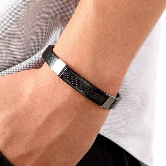 TWO-TIER RECTANGULAR STEEL DESIGN LEATHER BRACELET