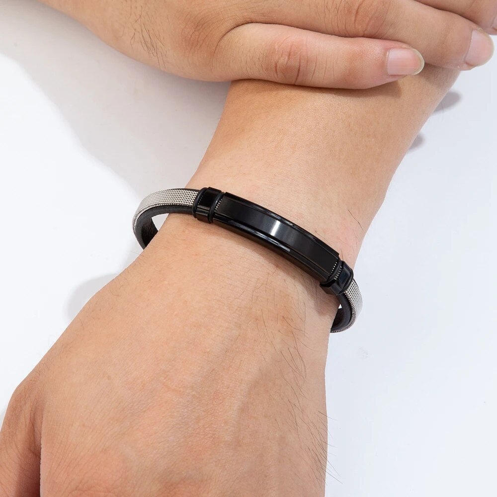 TWO-TIER STEEL DESIGN LEATHER BRACELET